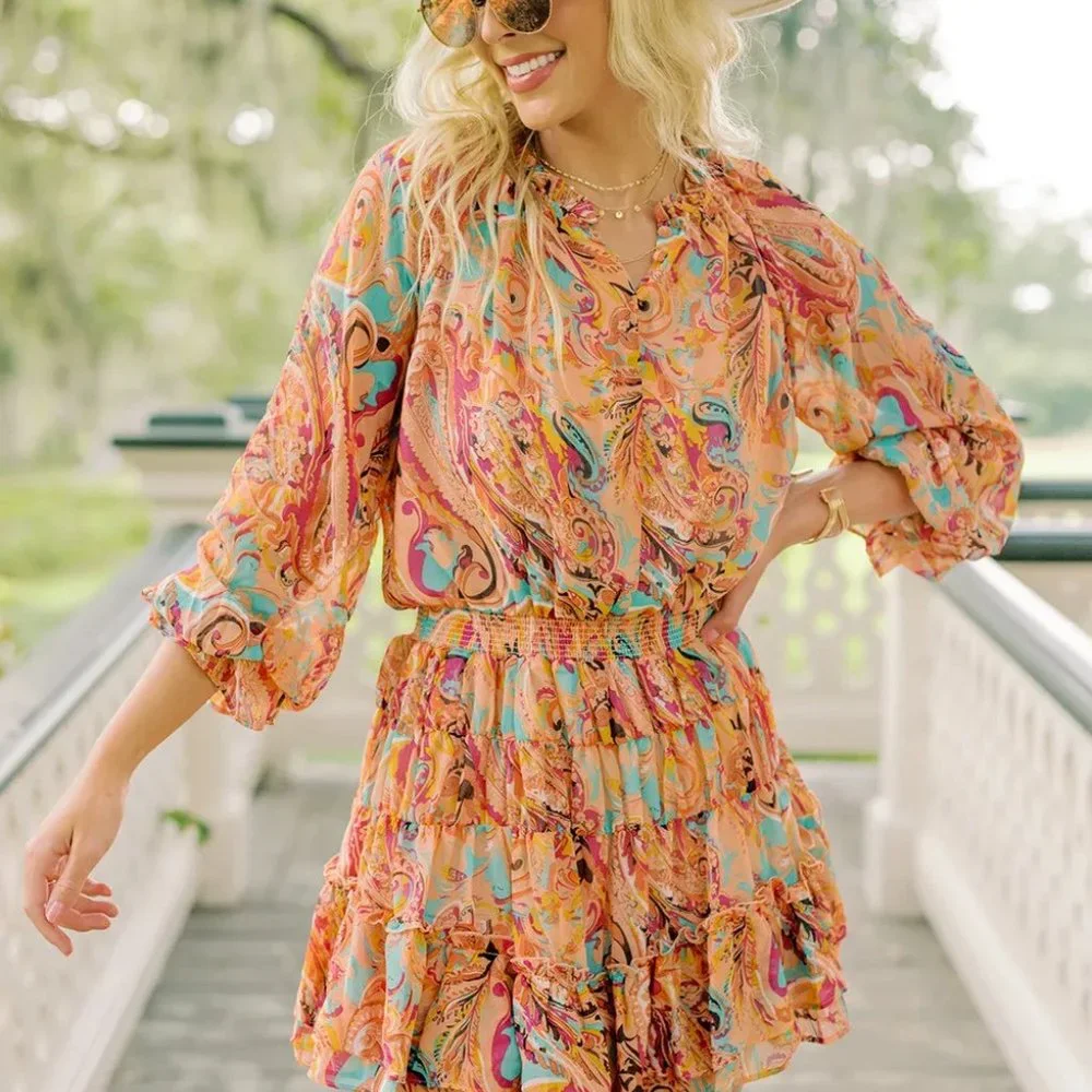 Multicolour Paisley Print Frilled Mini Dress - Picture 3 of 7